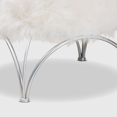 Celia Faux Fur Upholstered Silver Metal Ottoman White/Silver - Baxton Studio 3 Celia Faux Fur Upholstered Silver Metal Ottoman White/Silver - Baxton Studio - Image 3