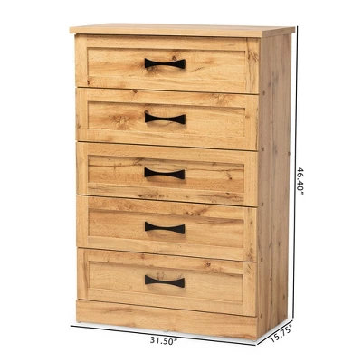 Colburn Wood 5 Drawer Tallboy Storage Chest Oak Brown - Baxton Studio 6 Colburn Wood 5 Drawer Tallboy Storage Chest Oak Brown - Baxton Studio - Image 6