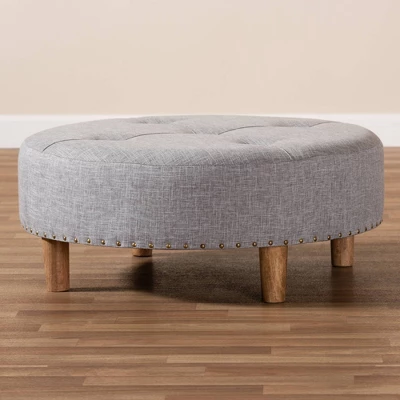 Baxton Studio Vinet Natural Wood Cocktail Ottoman Gray: Modern Upholstered Round Coffee Table, 250lb Capacity 5 Baxton Studio Vinet Natural Wood Cocktail Ottoman Gray: Modern Upholstered Round Coffee Table, 250lb Capacity - Image 5