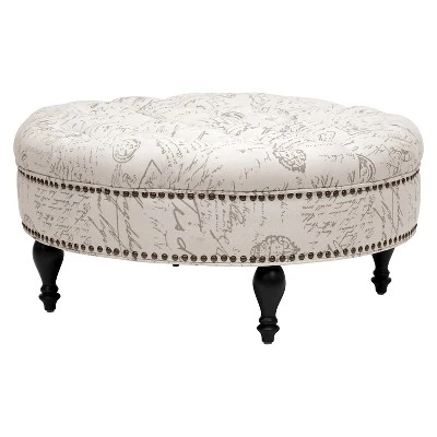 Palfrey Tufted Ottoman Beige - Baxton Studio: Eucalyptus Frame, Linen Upholstery, French Script Print 1 Palfrey Tufted Ottoman Beige - Baxton Studio: Eucalyptus Frame, Linen Upholstery, French Script Print