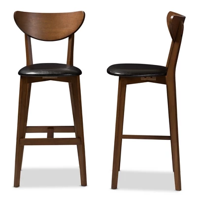 Set Of 2 Eline Mid-Century Modern Walnut Finished Wood Faux Leather Upholstered Barstools Black - Baxton Studio 2 Set Of 2 Eline Mid-Century Modern Walnut Finished Wood Faux Leather Upholstered Barstools Black - Baxton Studio - Image 2