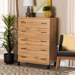 Maison Wood 5 Drawer Storage Chest Oak Brown - Baxton Studio -Baxton Studio GUEST 5177adc5 ca00 4dda 9a99 ca1c9b43f9b0