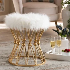 Leonie Faux Fur Upholstered Metal Ottoman White/Gold - Baxton Studio 7 Leonie Faux Fur Upholstered Metal Ottoman White/Gold - Baxton Studio -Baxton Studio GUEST 523d703a ccb2 46fc be4a 6bae15960523
