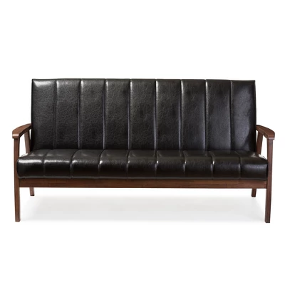 Nikko Mid-Century Modern Scandinavian Style Faux Leather Wooden 3 Seater Sofa - Baxton Studio 1 Nikko Mid-Century Modern Scandinavian Style Faux Leather Wooden 3 Seater Sofa - Baxton Studio