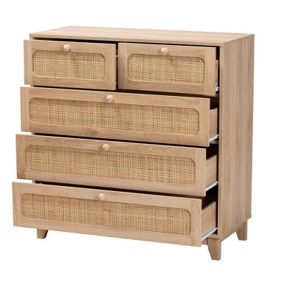 Elsbeth Wood And Natural Rattan 5 Drawer Storage Cabinet Oak Brown/Natural Brown - Baxton Studio 2 Elsbeth Wood And Natural Rattan 5 Drawer Storage Cabinet Oak Brown/Natural Brown - Baxton Studio - Image 2