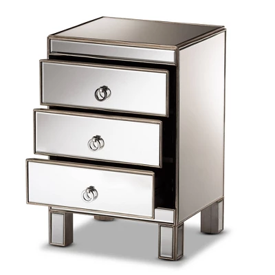 Ewan Mirrored 3 Drawer Nightstand Silver - Baxton Studio 1 Ewan Mirrored 3 Drawer Nightstand Silver - Baxton Studio