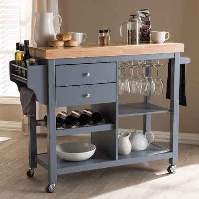 Sunderland Coastal And Farmhouse Natural Wood Kitchen Cart Gray, Light Brown - Baxton Studio 4 Sunderland Coastal And Farmhouse Natural Wood Kitchen Cart Gray, Light Brown - Baxton Studio - Image 4
