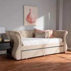 Twin Cherine Classic And Contemporary Fabric Upholstered Daybed With Trundle Beige - Baxton Studio 16 Twin Cherine Classic And Contemporary Fabric Upholstered Daybed With Trundle Beige - Baxton Studio -Baxton Studio GUEST 5b781c4d 48da 4c2b 8439 b6c3e851645f