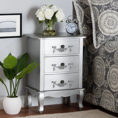 Callen Brushed Wood 3 Drawer Nightstand Silver - Baxton Studio 1 Callen Brushed Wood 3 Drawer Nightstand Silver - Baxton Studio