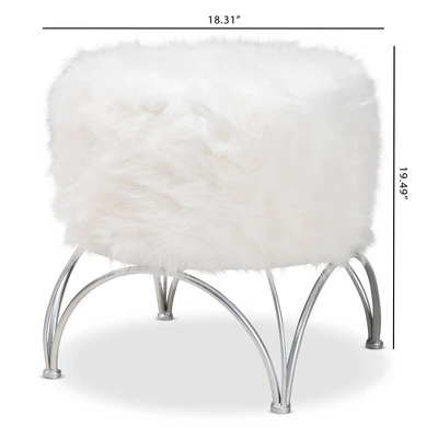 Celia Faux Fur Upholstered Silver Metal Ottoman White/Silver - Baxton Studio 6 Celia Faux Fur Upholstered Silver Metal Ottoman White/Silver - Baxton Studio - Image 6