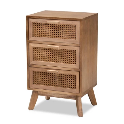 Baden Wood With Rattan 3 Drawer Nightstand Walnut Brown - Baxton Studio 3 Baden Wood With Rattan 3 Drawer Nightstand Walnut Brown - Baxton Studio - Image 3