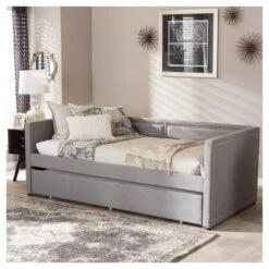 Baxton Studio Twin Raymond Modern And Contemporary Fabric Nailhead Trimmed Sofa Daybed With Roll Out Trundle Guest Bed Gray: Rubberwood Frame 14 Baxton Studio Twin Raymond Modern And Contemporary Fabric Nailhead Trimmed Sofa Daybed With Roll Out Trundle Guest Bed Gray: Rubberwood Frame -Baxton Studio GUEST 5facac0e 19c5 40a8 9dd3 c50b11a7eb4f