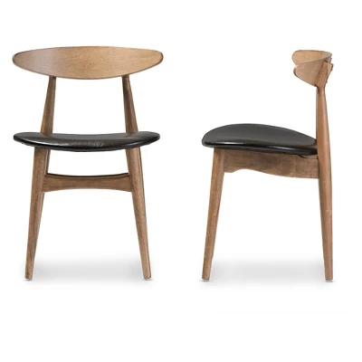Set Of 2 Edna Mid-Century Modern French Black Faux Leather & Oak Light Brown Finishing Wood Dining Chairs - Baxton Studio 2 Set Of 2 Edna Mid-Century Modern French Black Faux Leather & Oak Light Brown Finishing Wood Dining Chairs - Baxton Studio - Image 2