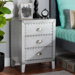 Claude Metal 3 Drawer Nightstand Silver - Baxton Studio: Vintage-Inspired, Rivet Detail, Fully Assembled -Baxton Studio GUEST 629013cf 39e7 4eb5 8edb 971bdd89f3e7