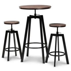 3pc Metal And Maritta Wood Height Adjustable Bar Pub Dining Set Walnut/Black - Baxton Studio