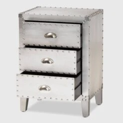 Claude Metal 3 Drawer Nightstand Silver - Baxton Studio: Vintage-Inspired, Rivet Detail, Fully Assembled