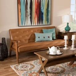 Sorrento Mid-Century Faux Leather Upholstered Wood Sofa Walnut/Brown - Baxton Studio -Baxton Studio GUEST 648b45d3 f98c 4ef5 833e ba2e9d1477c5