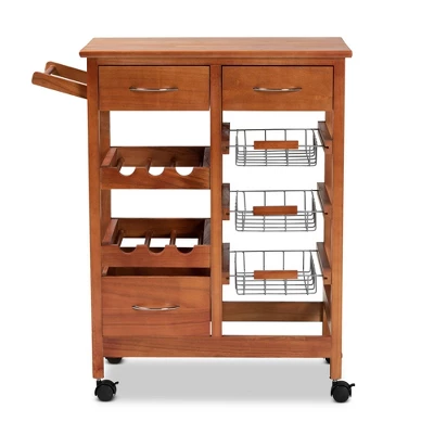 Crayton Wood And Metal Mobile Kitchen Storage Cart Oak Brown/Silver - Baxton Studio 2 Crayton Wood And Metal Mobile Kitchen Storage Cart Oak Brown/Silver - Baxton Studio - Image 2