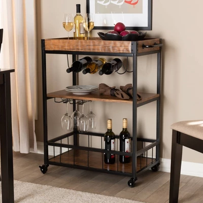 Cerne Oak And Finished Mobile Metal Bar Cart With Wine Bottle Rack Brown - Baxton Studio 7 Cerne Oak And Finished Mobile Metal Bar Cart With Wine Bottle Rack Brown - Baxton Studio - Image 7