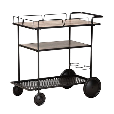 Huntley Wood And Metal Mobile Wine Cart Walnut Brown/Black - Baxton Studio 2 Huntley Wood And Metal Mobile Wine Cart Walnut Brown/Black - Baxton Studio - Image 2
