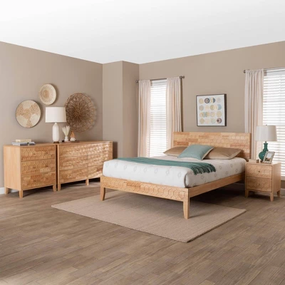 Baxton Studio Queen 4pc Hosea Carved Honeycomb Bedroom Set Natural 1 Baxton Studio Queen 4pc Hosea Carved Honeycomb Bedroom Set Natural