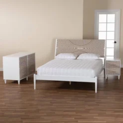 Baxton Studio Queen 3pc Louetta Carved Contrasting Bedroom Set White/Natural Brown -Baxton Studio GUEST 70656368 8203 4722 a875 bac3aab72a80