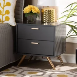 Kelson Wood 2 Drawer Nightstand Dark Gray/Gold - Baxton Studio -Baxton Studio GUEST 7181cbb4 9260 4374 8808 a18d8ac8ccfb