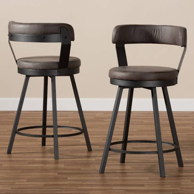Set Of 2 Arcene Faux Leather Upholstered Pub Counter Height Barstools Gray/Black - Baxton Studio 5 Set Of 2 Arcene Faux Leather Upholstered Pub Counter Height Barstools Gray/Black - Baxton Studio - Image 5