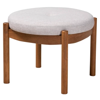 Iliana Fabric And Wood Ottoman Footstool Grayish Beige/Walnut Brown - Baxton Studio: Japandi Inspired, Rubberwood Frame, Button-Tufted 1 Iliana Fabric And Wood Ottoman Footstool Grayish Beige/Walnut Brown - Baxton Studio: Japandi Inspired, Rubberwood Frame, Button-Tufted