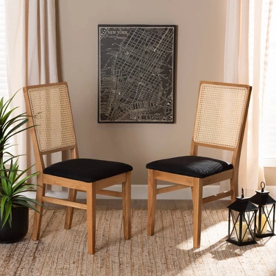 Set Of 2 Idris Fabric Upholstered Rattan Dining Chairs Black/Oak Brown - Baxton Studio 2 Set Of 2 Idris Fabric Upholstered Rattan Dining Chairs Black/Oak Brown - Baxton Studio - Image 2
