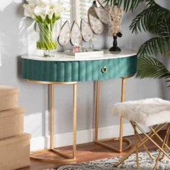 1 Drawer Beale Velvet Upholstered And Brushed Console Table Green/Gold - Baxton Studio 14 1 Drawer Beale Velvet Upholstered And Brushed Console Table Green/Gold - Baxton Studio -Baxton Studio GUEST 760cec46 ca09 49d3 812b ee5335396259