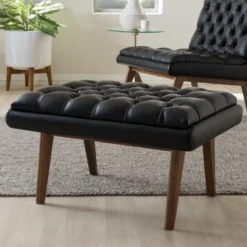 Baxton Studio Annetha Mid Century Modern Walnut Finished Wood Faux Leather Upholstered Ottoman Black -Baxton Studio GUEST 77edb94e 54e5 441e a00a c93d45ae36a6