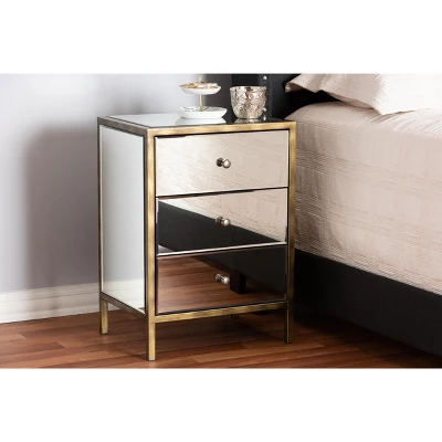 Baxton Studio Nouria Mirrored 3 Drawer Nightstand Bedside Table Silver - BaxtonStudio 3 Baxton Studio Nouria Mirrored 3 Drawer Nightstand Bedside Table Silver - BaxtonStudio - Image 3