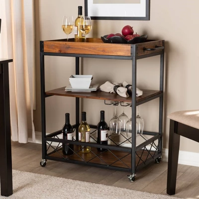 Capri Oak And Finished Mobile Metal Bar Cart With Stemware Rack Brown - Baxton Studio 1 Capri Oak And Finished Mobile Metal Bar Cart With Stemware Rack Brown - Baxton Studio
