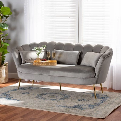 Genia Velvet Fabric Upholstered And Metal Sofa Gray/Gold - Baxton Studio 1 Genia Velvet Fabric Upholstered And Metal Sofa Gray/Gold - Baxton Studio