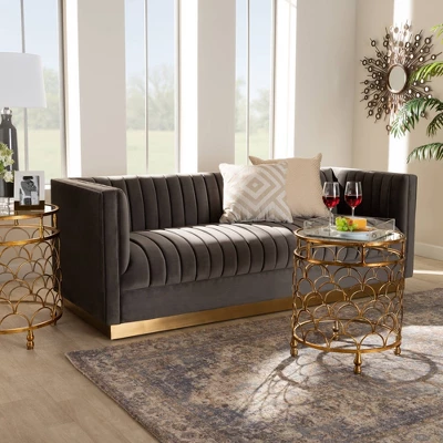 Aveline Velvet Upholstered Finished Sofa Gray/Gold - Baxton Studio 6 Aveline Velvet Upholstered Finished Sofa Gray/Gold - Baxton Studio - Image 6