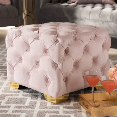 Avara Velvet Finished Button Tufted Ottoman Pink - Baxton Studio 3 Avara Velvet Finished Button Tufted Ottoman Pink - Baxton Studio - Image 3