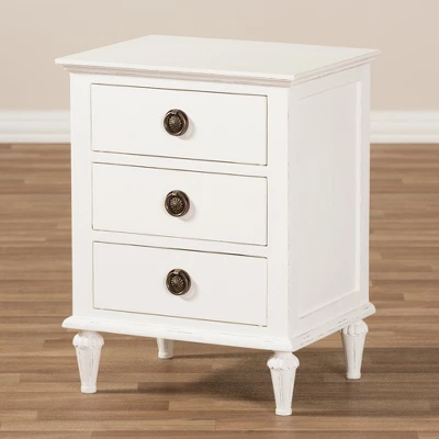 Venezia French - Inspired Rustic Washed Wood 3 - Drawer Nightstand - White - Baxton Studio 7 Venezia French - Inspired Rustic Washed Wood 3 - Drawer Nightstand - White - Baxton Studio - Image 7