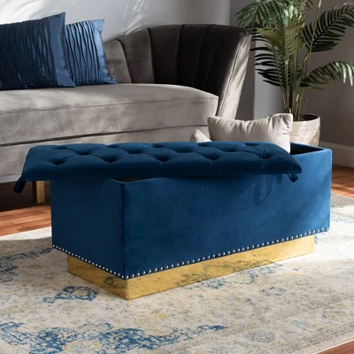 Powell Velvet Fabric Upholstered And PU Leather Ottoman Gold/Blue - Baxton Studio 7 Powell Velvet Fabric Upholstered And PU Leather Ottoman Gold/Blue - Baxton Studio - Image 7
