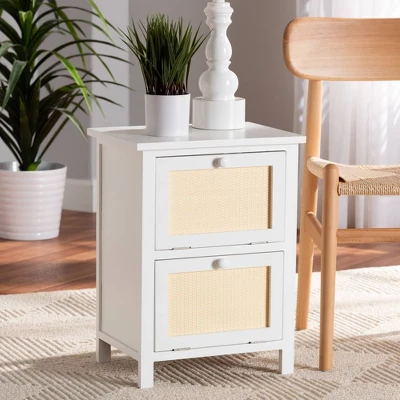 Sariah Wood Rattan 2 Door Nightstand White - Baxton Studio 5 Sariah Wood Rattan 2 Door Nightstand White - Baxton Studio - Image 5