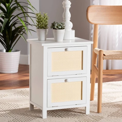Sariah Wood Rattan 2 Door Nightstand White - Baxton Studio 2 Sariah Wood Rattan 2 Door Nightstand White - Baxton Studio - Image 2