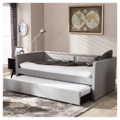 Baxton Studio Twin Raymond Modern And Contemporary Fabric Nailhead Trimmed Sofa Daybed With Roll Out Trundle Guest Bed Gray: Rubberwood Frame 5 Baxton Studio Twin Raymond Modern And Contemporary Fabric Nailhead Trimmed Sofa Daybed With Roll Out Trundle Guest Bed Gray: Rubberwood Frame - Image 5