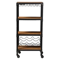 Swanson Rustic Industrial Style Antique Black & Metal Distressed Wood Mobile Kitchen Bar Wine Storage Shelf - Baxton Studio