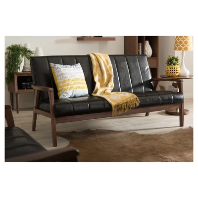 Nikko Mid-Century Modern Scandinavian Style Faux Leather Wooden 3 Seater Sofa - Baxton Studio 3 Nikko Mid-Century Modern Scandinavian Style Faux Leather Wooden 3 Seater Sofa - Baxton Studio - Image 3