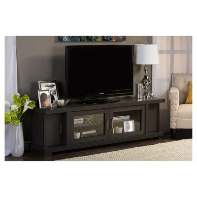 Viveka Wood Cabinet With 2 Glass Doors And 2 Doors TV Stand For TVs Up To 75" Dark Brown - Baxton Studio 3 Viveka Wood Cabinet With 2 Glass Doors And 2 Doors TV Stand For TVs Up To 75" Dark Brown - Baxton Studio - Image 3