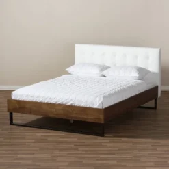 King Mitchell Rustic Industrial Walnut Wood And Faux Leather Metal Platform Bed White - Baxton Studio -Baxton Studio GUEST 8d2d1efe 6e18 46e2 8781 aea935a242f1