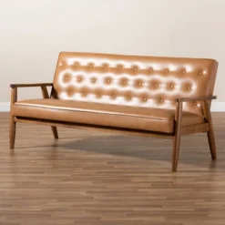 Sorrento Mid-Century Faux Leather Upholstered Wood Sofa Walnut/Brown - Baxton Studio -Baxton Studio GUEST 90733ea7 319f 449b 90ea 29bdd3b2ae5b