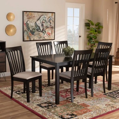 7pc Minette Fabric Upholstered Espresso Wood Dining Set Sand/Dark Brown - Baxton Studio 4 7pc Minette Fabric Upholstered Espresso Wood Dining Set Sand/Dark Brown - Baxton Studio - Image 4