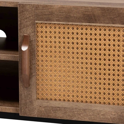 Veanna Bohemian Natural Wood And Metal 2 Door Synthetic Rattan TV Stand For TVs Up To 40" Brown/Black - Baxton Studio 4 Veanna Bohemian Natural Wood And Metal 2 Door Synthetic Rattan TV Stand For TVs Up To 40" Brown/Black - Baxton Studio - Image 4