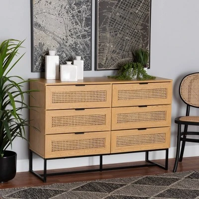 Sawyer Wood And Metal 6 Drawer Storage Cabinet With Natural Rattan Oak Brown/Black - Baxton Studio 3 Sawyer Wood And Metal 6 Drawer Storage Cabinet With Natural Rattan Oak Brown/Black - Baxton Studio - Image 3